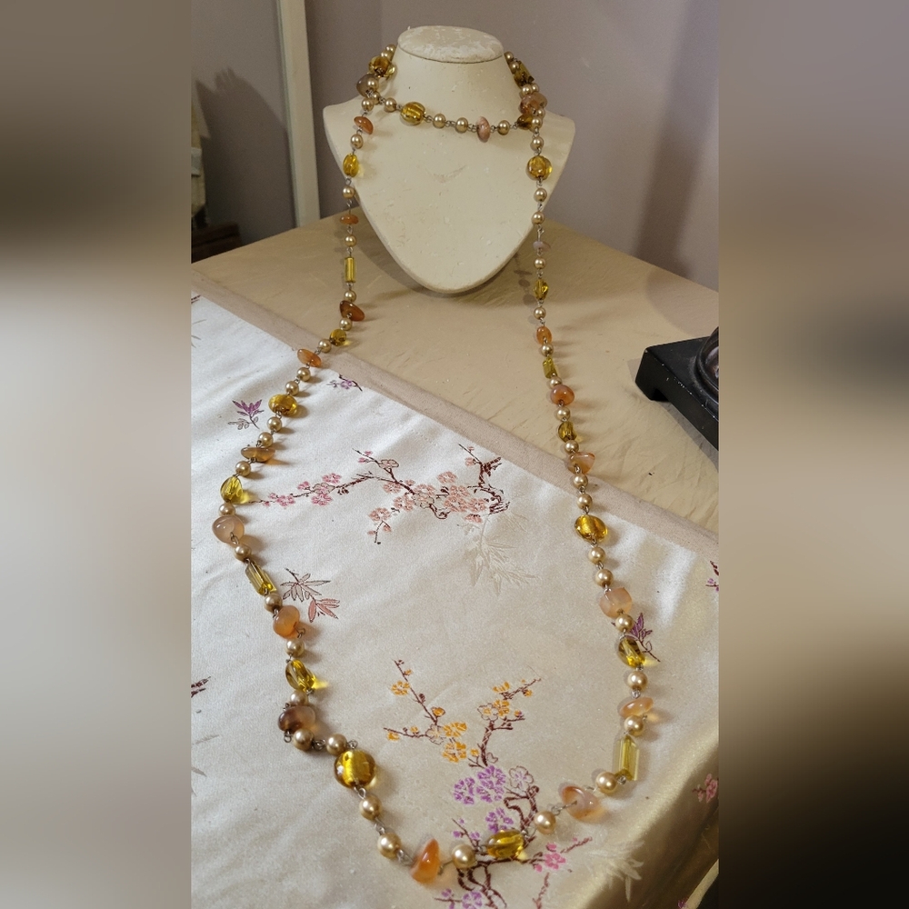 MCM 70" Stone and Glass Flapper Style Necklace